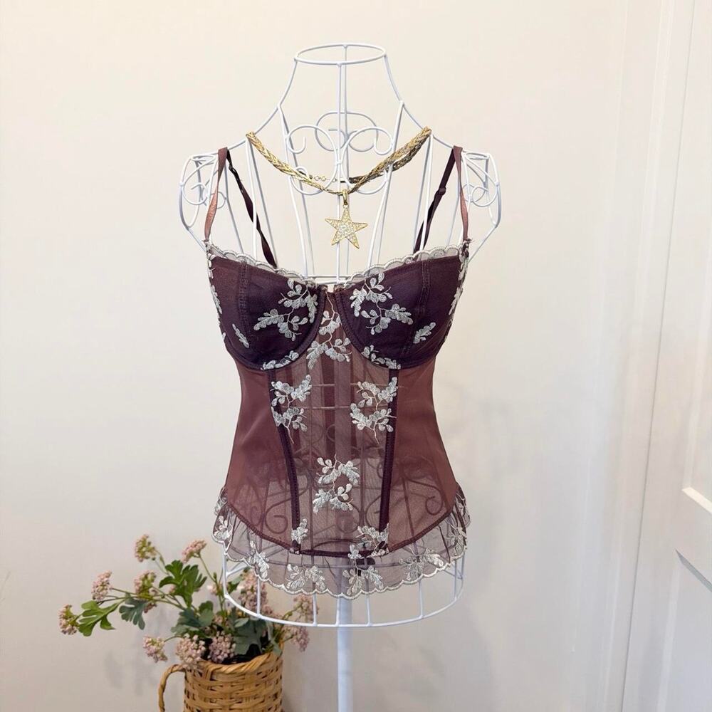 Semi-sheer vintage y2k brown embroidered corset babydoll lingerie slip top